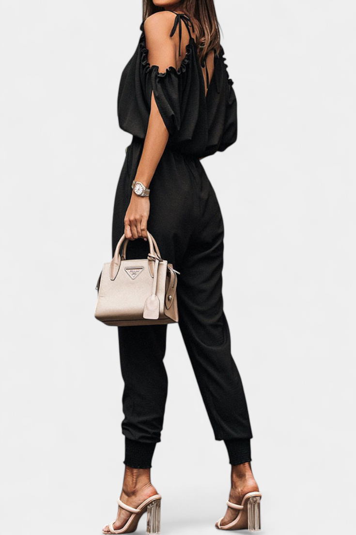 Solene Off-Shoulder Jumpsuit with Crossed V-Neck and Knotted Detail
