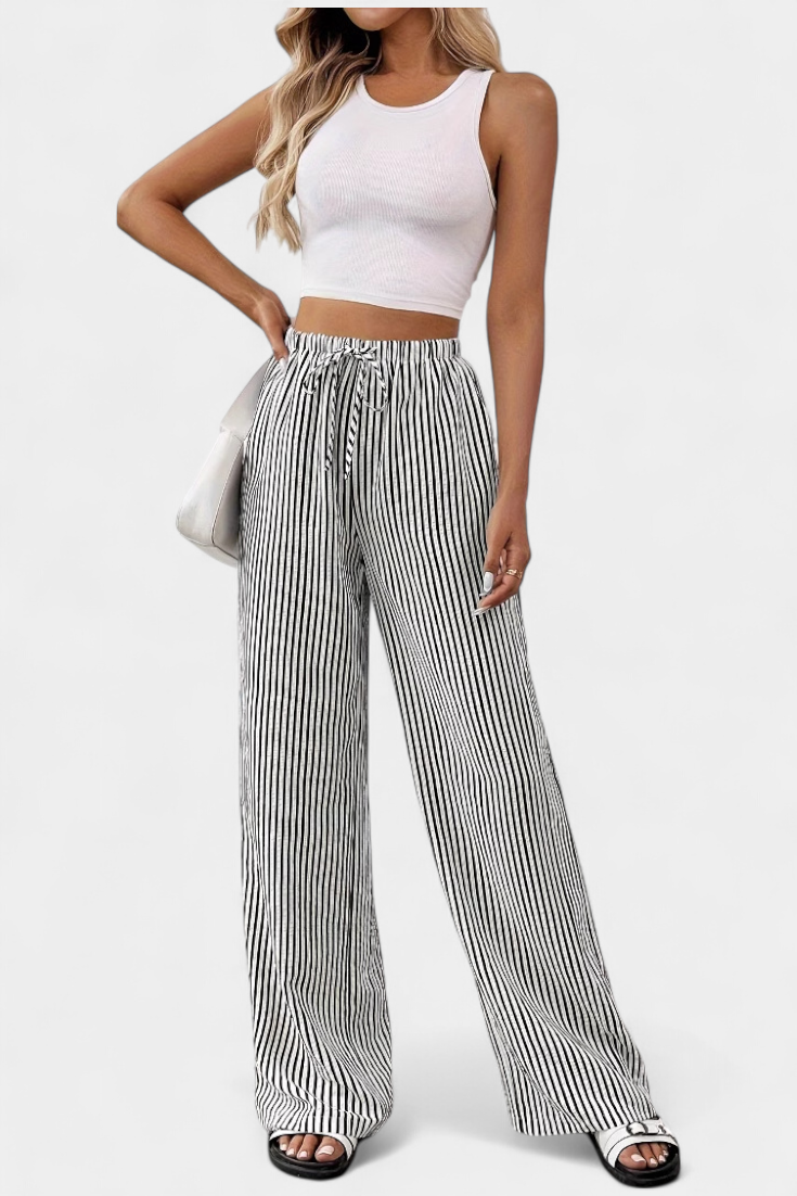 Adjustable Waist Lightweight Striped Straight Pants - Sabrina