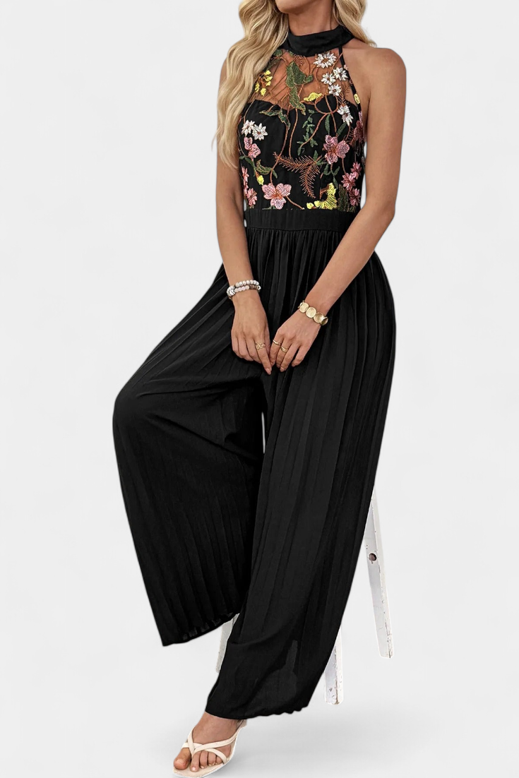 Maruja Floral Lace Halter Jumpsuit with Pleated Palazzo Pants