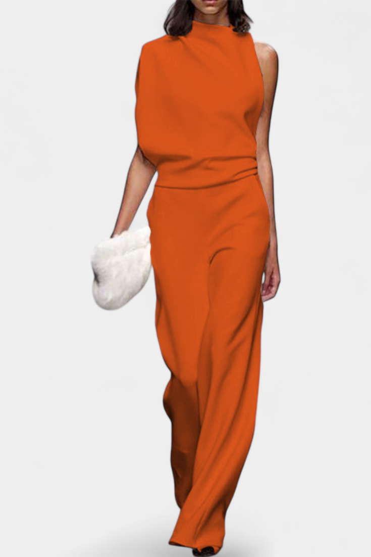 Asymmetrical One-Shoulder Jumpsuit with Flowing Legs by Etta