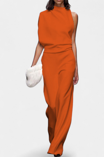 Asymmetrical One-Shoulder Jumpsuit with Flowing Legs by Etta