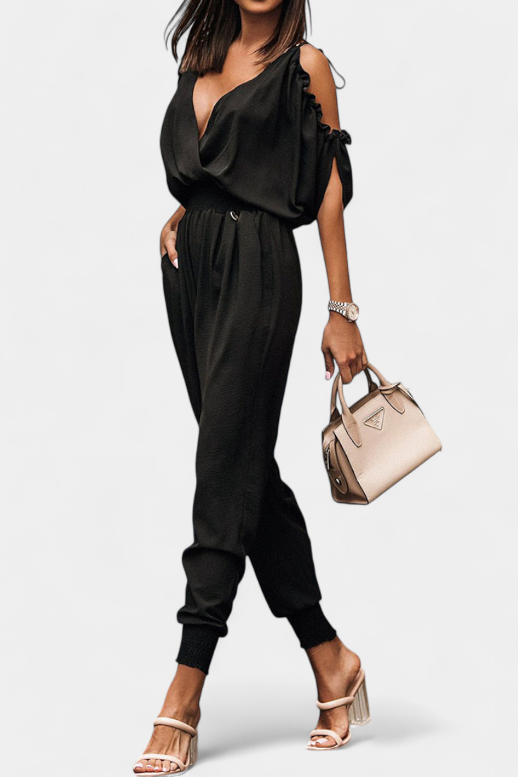 Solene Off-Shoulder Jumpsuit with Crossed V-Neck and Knotted Detail
