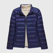 Dark blue stand-up collar