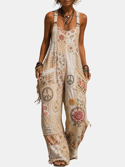 Foxglove™ | Retro Art Print Washed Patchwork Jumpsuit
