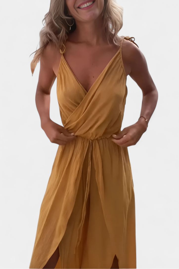 Donatila Washed Cotton Jumpsuit with Crisscross Neckline and Open Legs