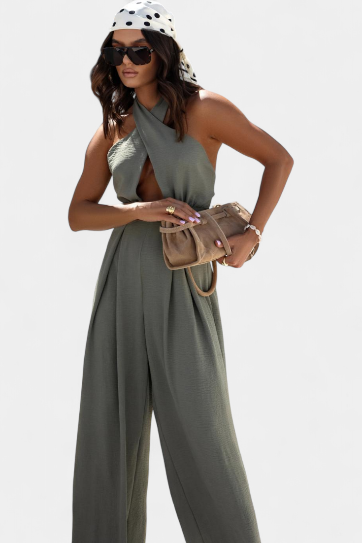 Jessica Wide-Leg Backless Halter Jumpsuit