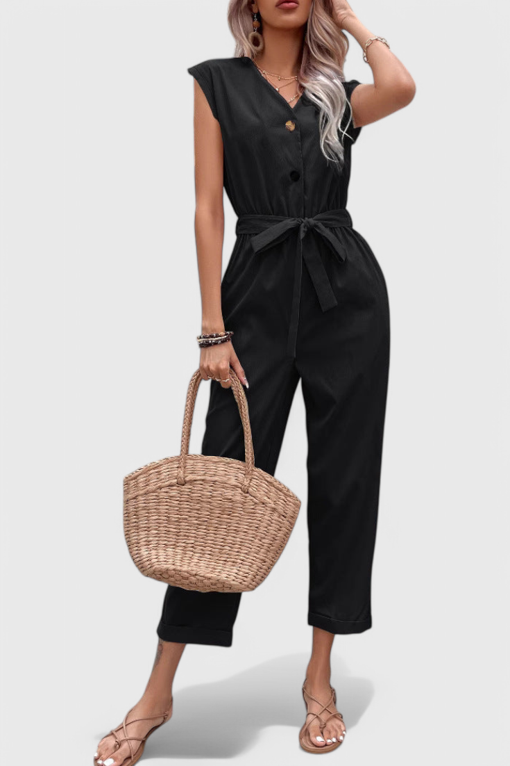 Marie Sleeveless Cotton Jumpsuit with Tied Waist and Button Front