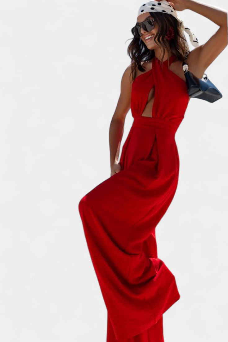 Jessica Wide-Leg Backless Halter Jumpsuit