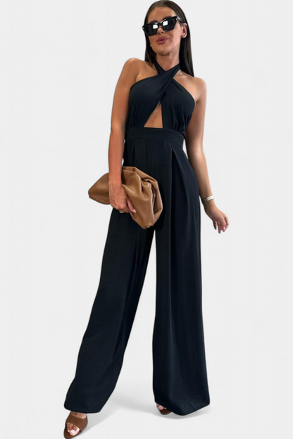 Jessica Wide-Leg Backless Halter Jumpsuit