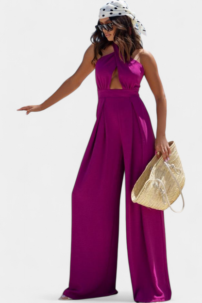 Jessica Wide-Leg Backless Halter Jumpsuit