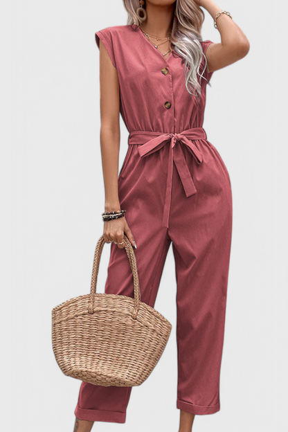 Marie Sleeveless Cotton Jumpsuit with Tied Waist and Button Front