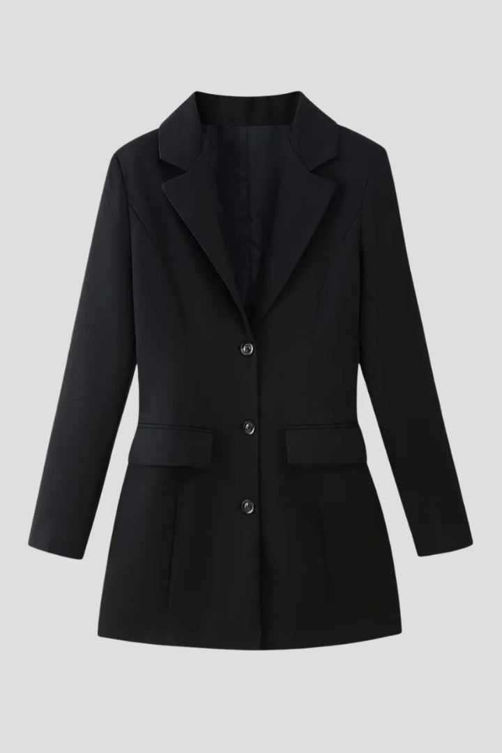 Women’s Longline Blazer with Notched Lapel and Front Buttons
