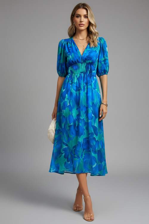 Bianca | Women’s Floral Puff Sleeve V-Neck Midi Dress