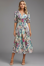 Bianca | Women’s Floral Puff Sleeve V-Neck Midi Dress