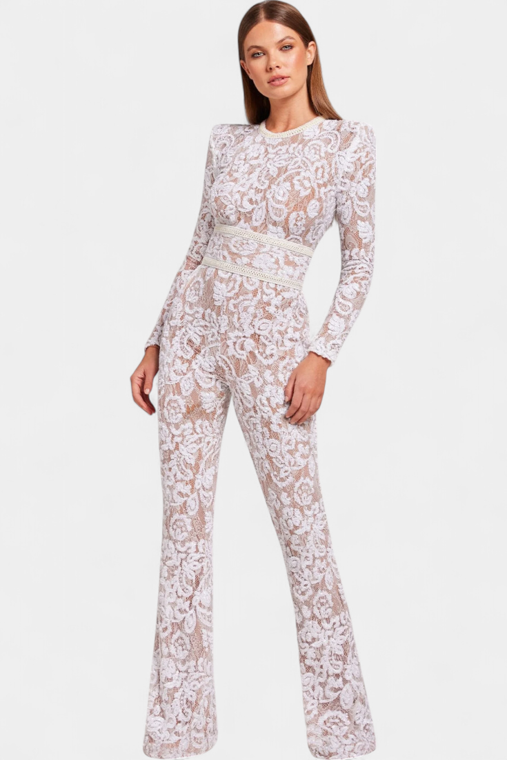 Jimena Corset-Belted Sequined Lace Jumpsuit