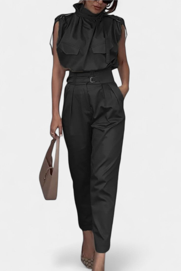 Cassis Ruffled Collar Belted Jumpsuit with Straight Cut