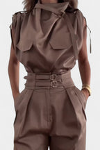 Cassis Ruffled Collar Belted Jumpsuit with Straight Cut