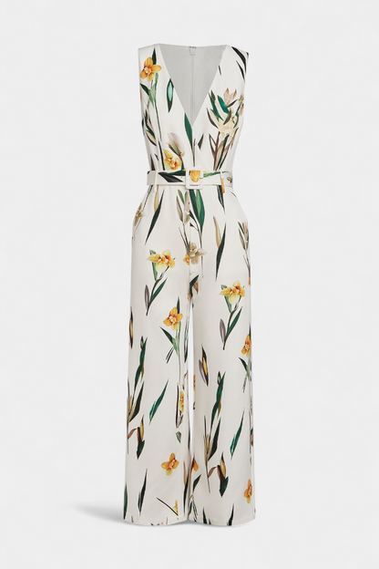 Slara White V-Neck Jumpsuit with Belted Waist
