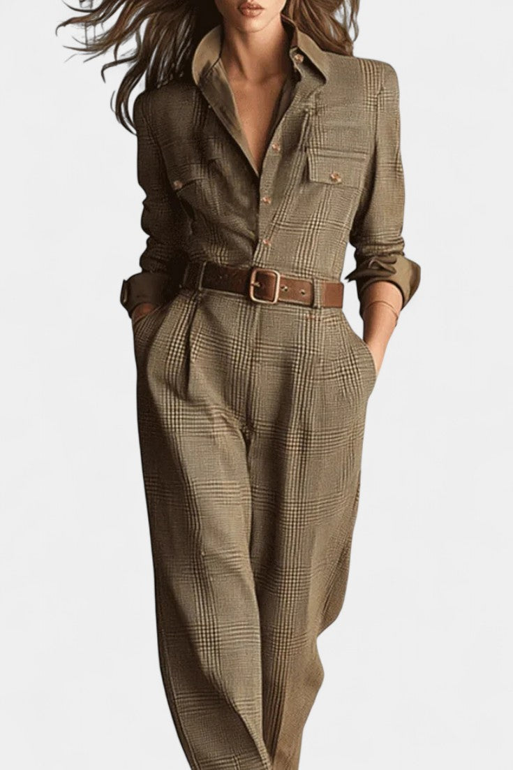 Cali Brown Checkered Tweed Jumpsuit with Adjustable Belt