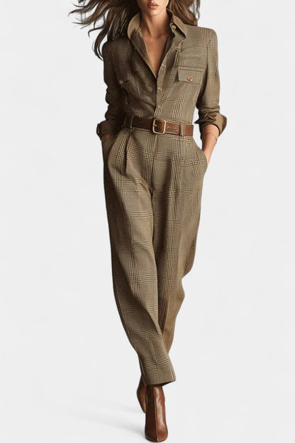 Cali Brown Checkered Tweed Jumpsuit with Adjustable Belt