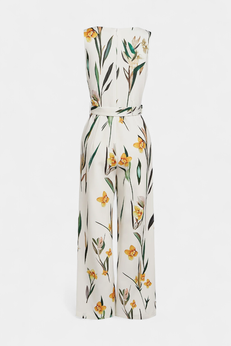 Slara White V-Neck Jumpsuit with Belted Waist