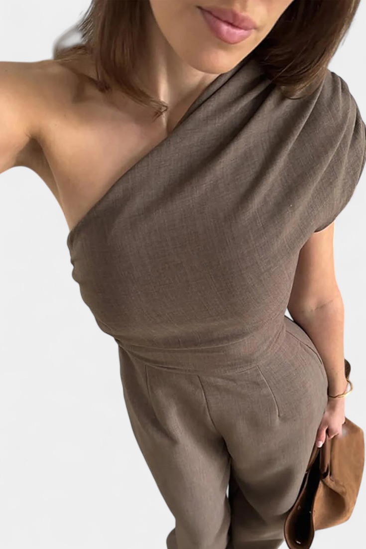 Asymmetrical One-Shoulder Jumpsuit with Ruched Accents in Magnolia