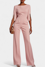 Chic Three-Quarter Sleeve Jumpsuit with Pearl Accents