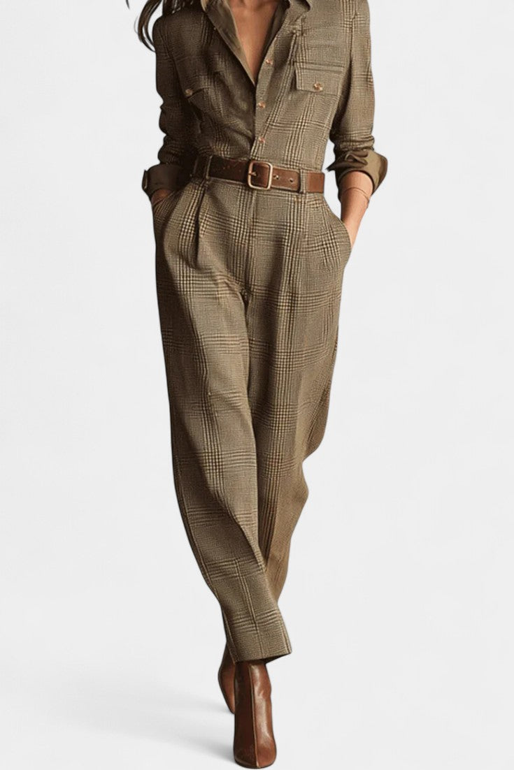 Cali Brown Checkered Tweed Jumpsuit with Adjustable Belt