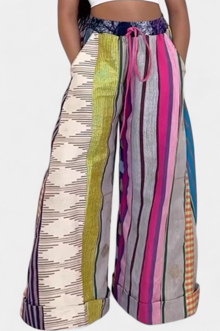 Claudine Striped Wide-Leg Trousers with Contrast Drawstring