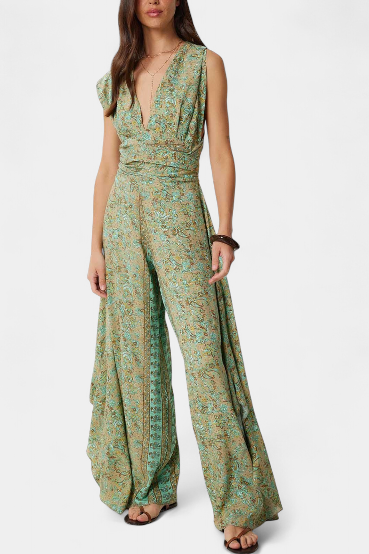 Leandra Floral Wrap Jumpsuit with Open Back Design