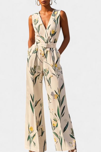 Slara White V-Neck Jumpsuit with Belted Waist