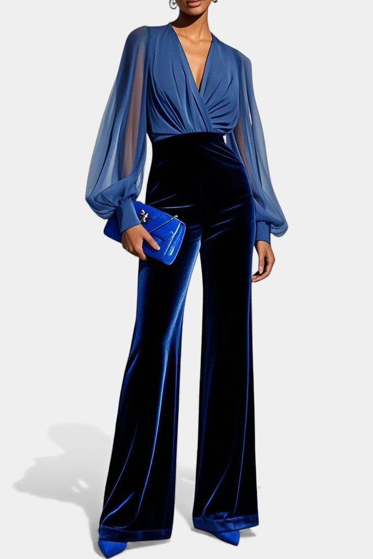 Mikaella V-Neck Blue Velvet Jumpsuit with Long Sleeves