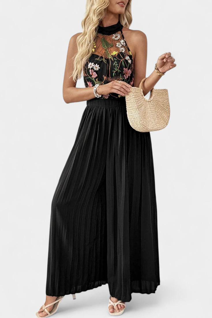 Maruja Floral Lace Halter Jumpsuit with Pleated Palazzo Pants
