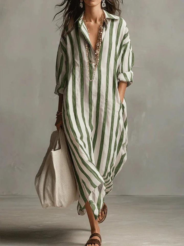 Olivia | Linen Shirt Dress V-Neck Striped Maxi Long Sleeve Loose Fit