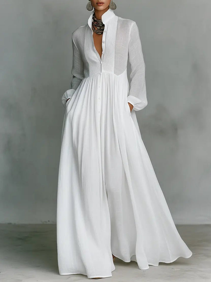 Evelyn | Maxi Dress Cotton Linen Blend Stand Collar Button Front