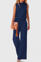 Winnie Wide-Leg Fluid Jumpsuit with Round Neck