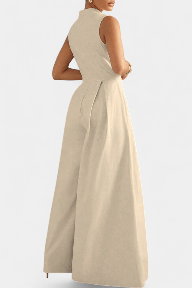 Blanca Pleated Wide Leg Jumpsuit with Round Neck