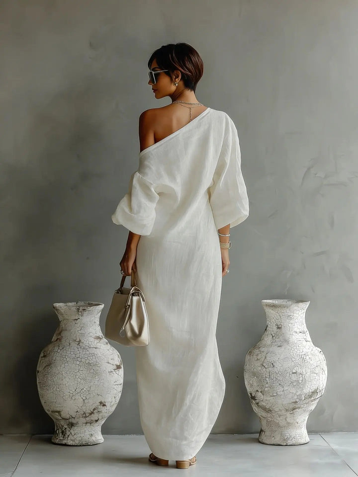 Evelyn | One Shoulder Linen Maxi Dress Asymmetrical Relaxed Fit