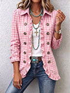 Charlene™ | Gingham Ruffled Button-Down Jacket
