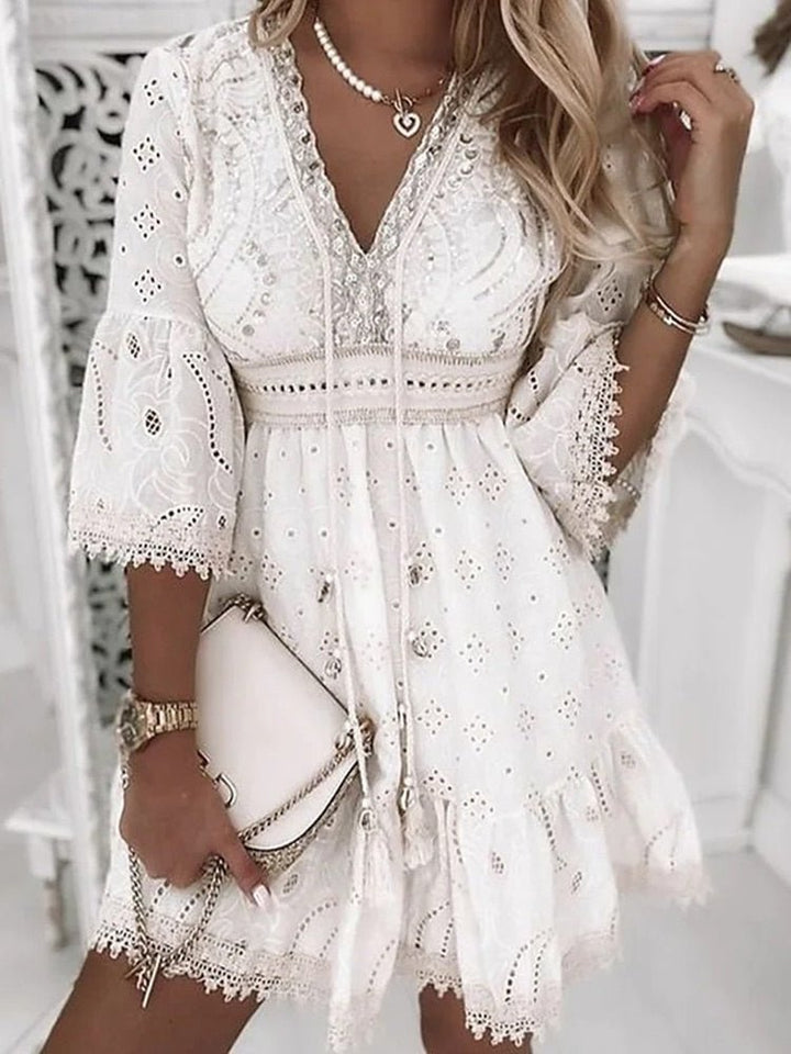 Scarlett | Women's Boho Mini Dress V-Neck Bell Sleeves Eyelet Lace