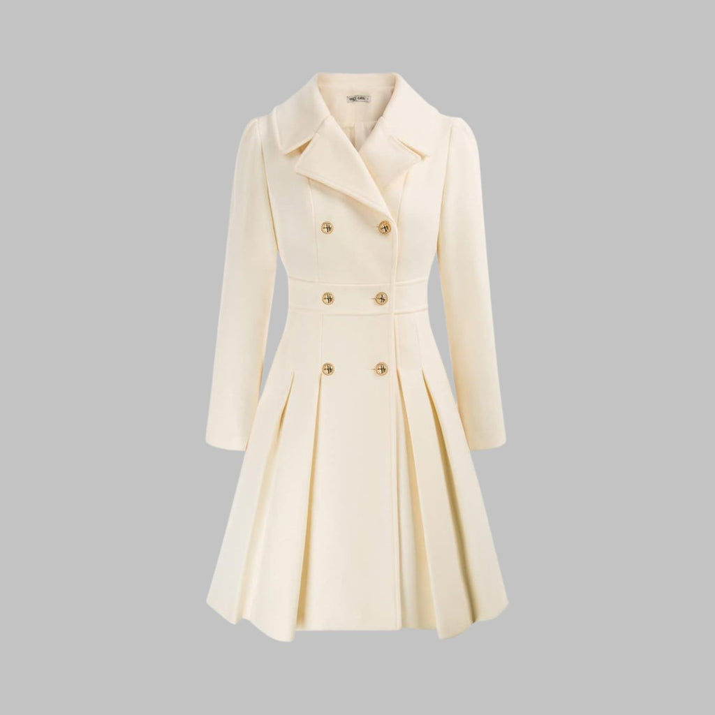 Emma | Women's Coat Double-Breasted Pleated A-Line Long Sleeve Overcoat