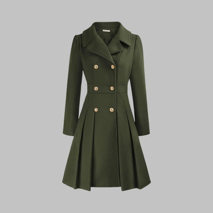 Emma | Women's Coat Double-Breasted Pleated A-Line Long Sleeve Overcoat