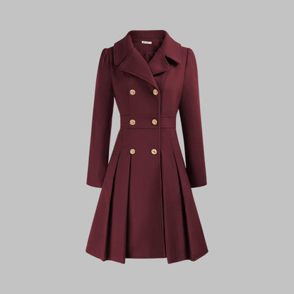 Emma | Women's Coat Double-Breasted Pleated A-Line Long Sleeve Overcoat