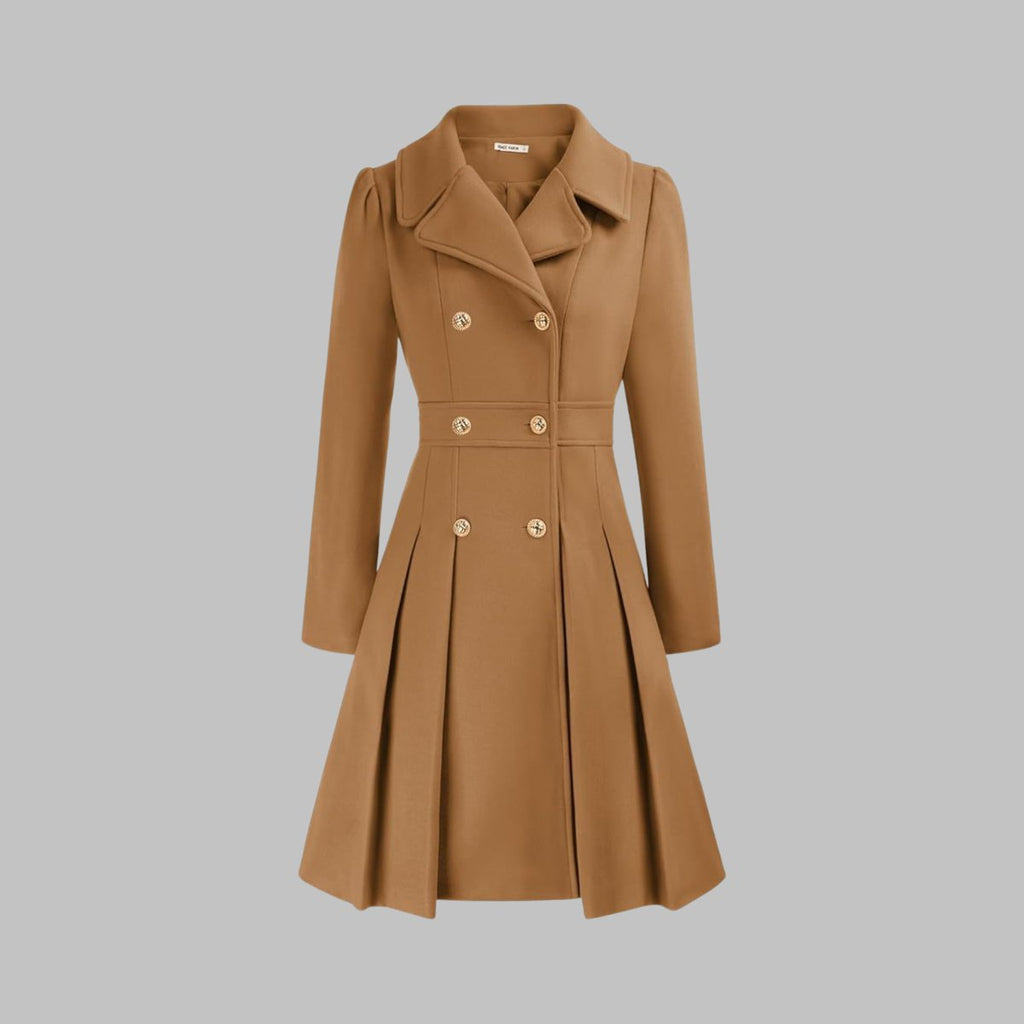 Emma | Women's Coat Double-Breasted Pleated A-Line Long Sleeve Overcoat