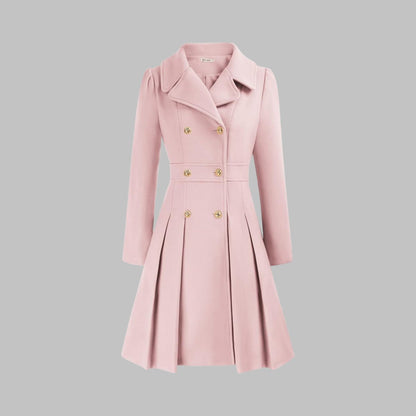 Emma | Women's Coat Double-Breasted Pleated A-Line Long Sleeve Overcoat