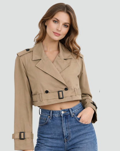 Madison | Women's Cropped Double-Breasted Belted Trench Coat Jacket