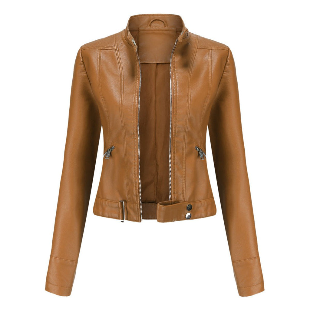 Victoria | Women's Cropped Faux Leather Jacket Stand-Collar Moto Biker