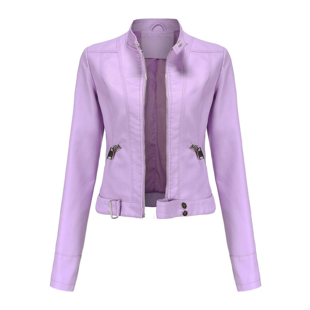 Victoria | Women's Cropped Faux Leather Jacket Stand-Collar Moto Biker