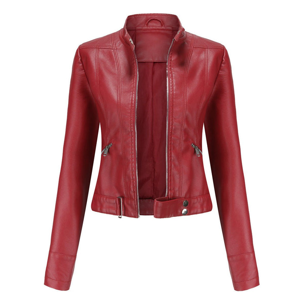 Victoria | Women's Cropped Faux Leather Jacket Stand-Collar Moto Biker
