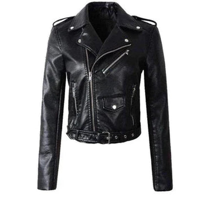 Aria | Women's Cropped Moto Faux Leather Jacket Belted Biker